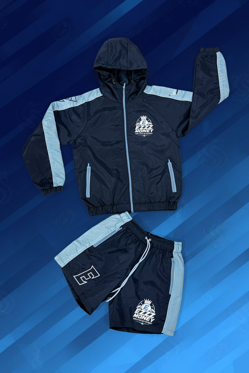 EZZZ Money Signature Windbreaker Short Set – Navy/Ice Blue