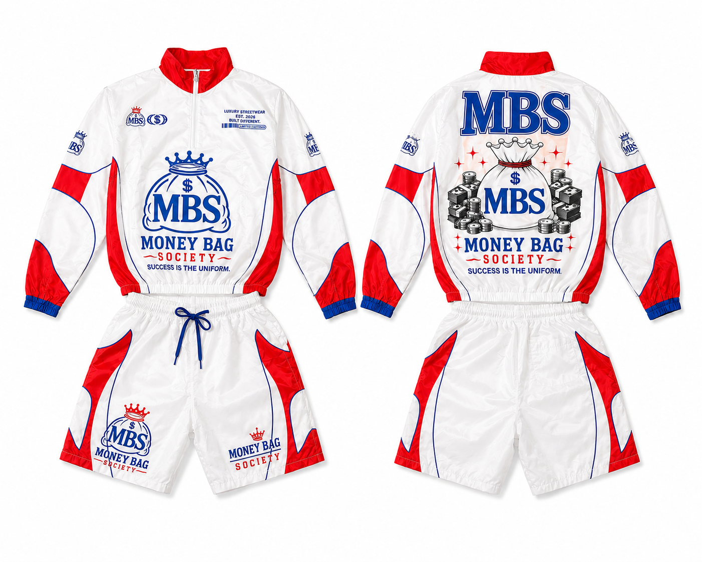 Money Bag Society Premium Windbreaker Short Set – White/Red/Blue