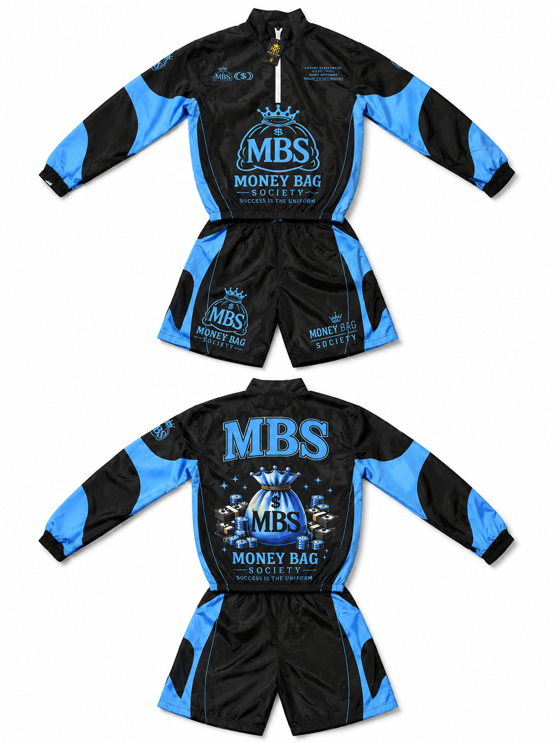Money Bag Society (MBS) Luxury Windbreaker Short Set – Black/Blue