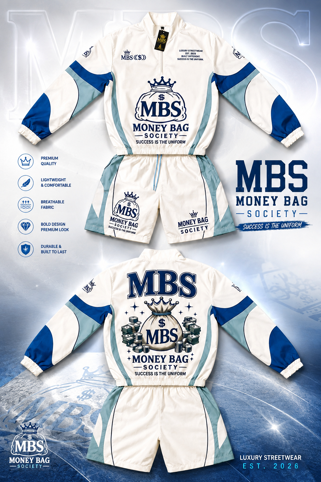 Product Title

Money Bag Society (MBS) Luxury Windbreaker Short Set – White/Blue