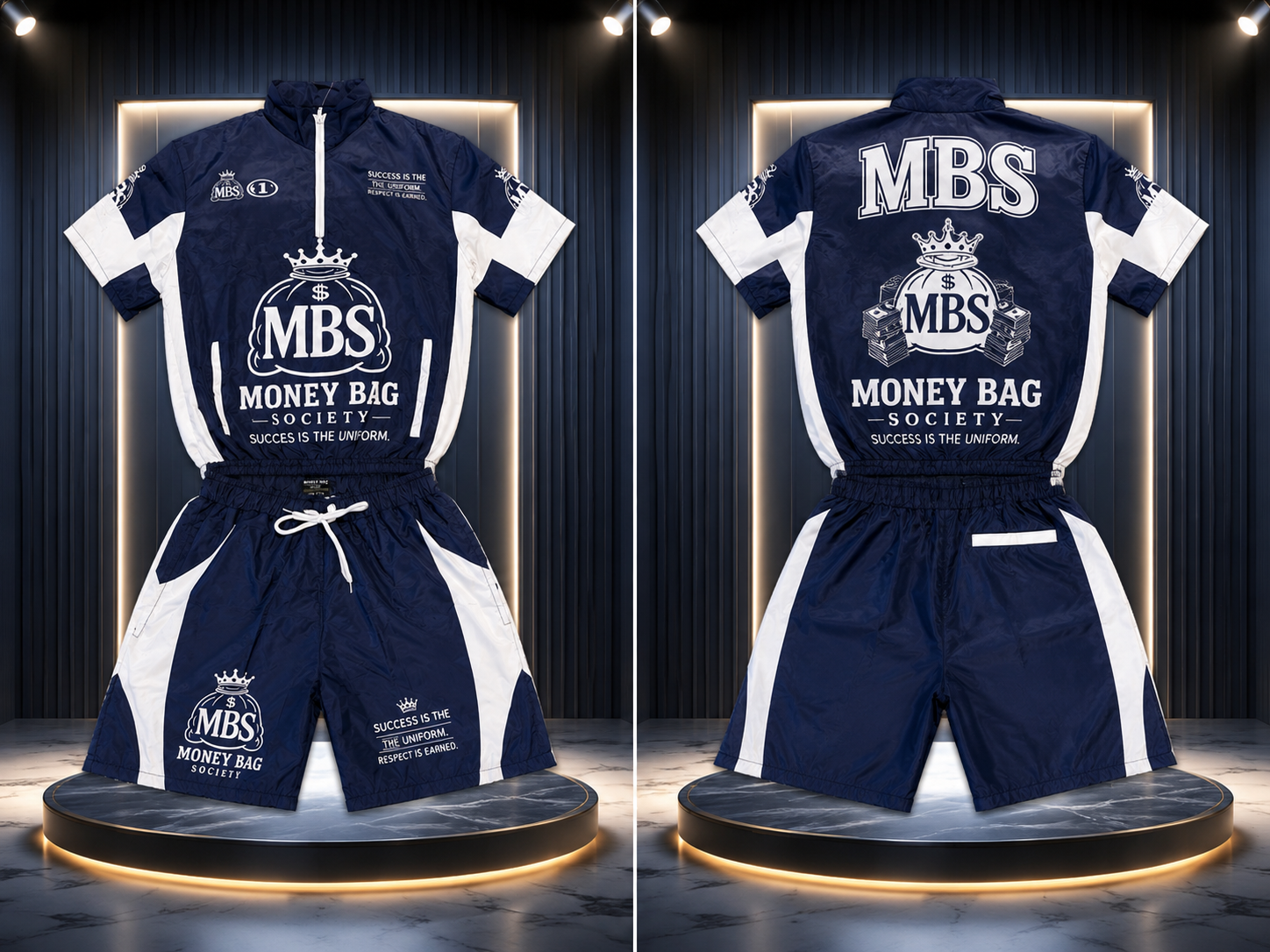 Money Bag Society (MBS) Navy & White Windbreaker Short Set