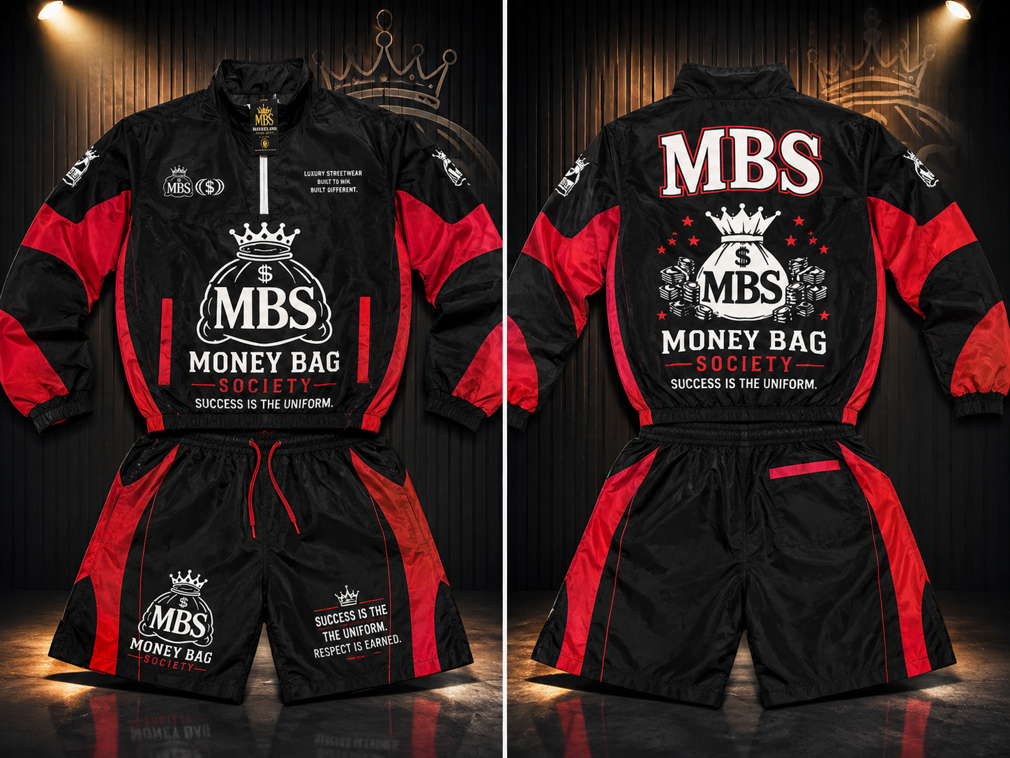 Money Bag Society (MBS) Black / Red / White Premium Windbreaker Short Set