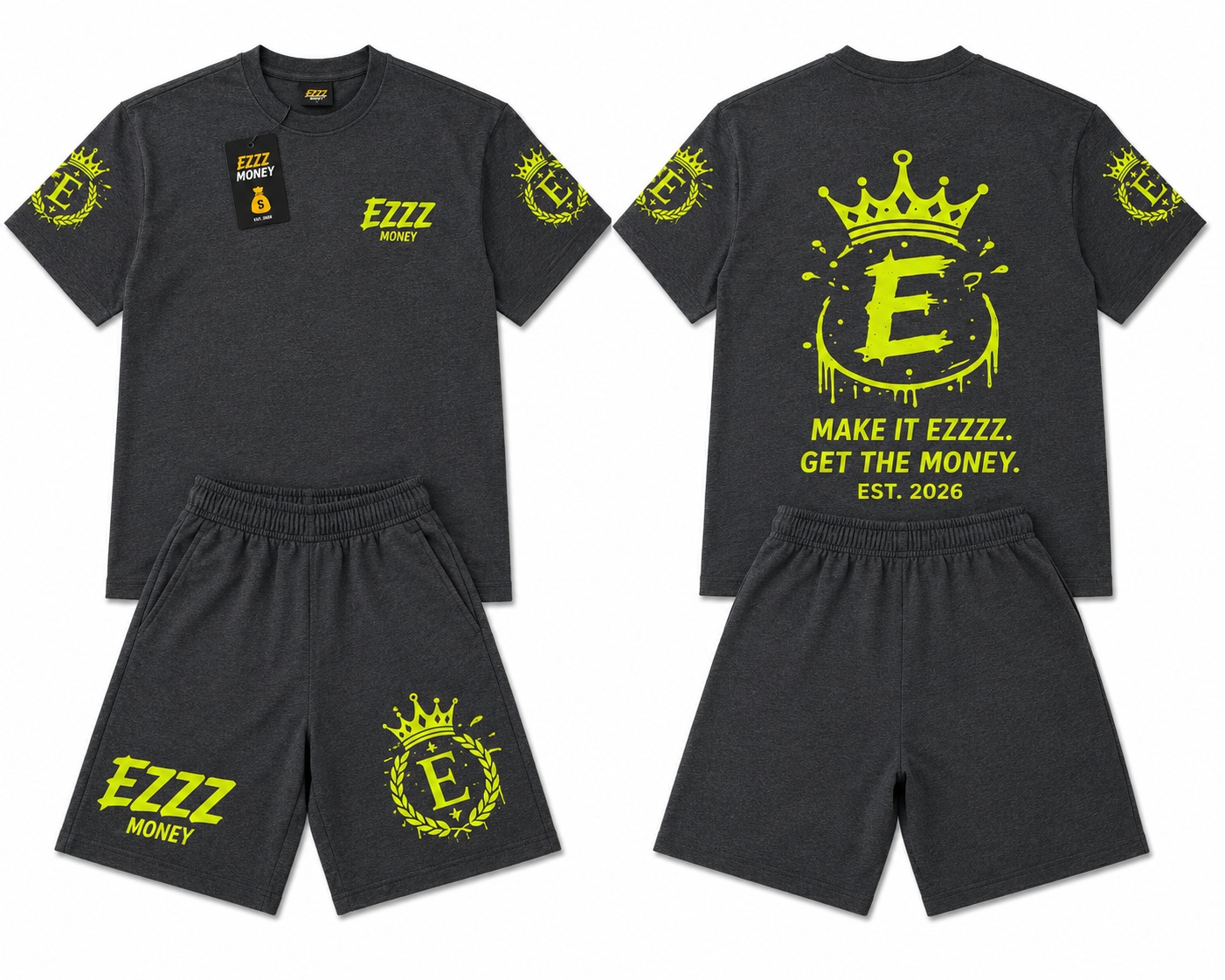EZZZ Money Women’s Charcoal & Neon Yellow Graphic Tee & Shorts Set